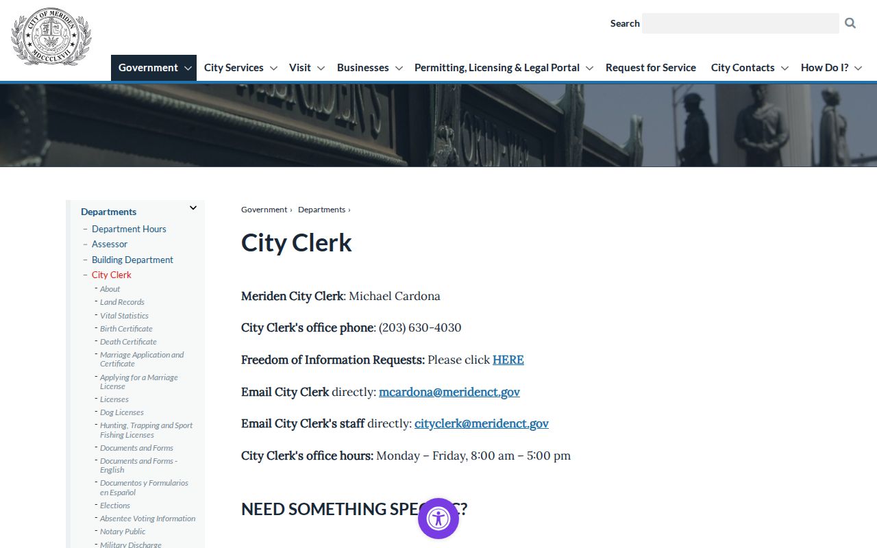 Meriden residents directory City Clerk records office