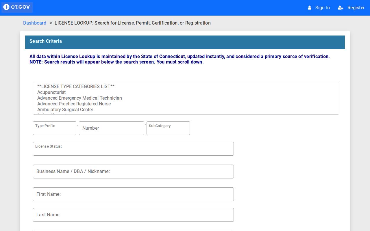 Meriden resident lookup eLicense type number name business address status fields